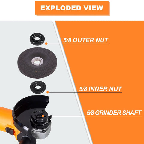 Exploded view showing Heavy Duty 3 Piece Angle Grinder Nut And Wrench Set 5/8-11 Thread Replacement components.