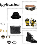 All In One Leather Grommet Kit 6mm Quarter Inch With 200 Eyelets in use on hats, belts, gift tags, bags, and shoes.
