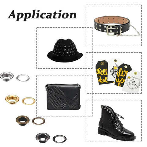 All In One Leather Grommet Kit 6mm Quarter Inch With 200 Eyelets in use on hats, belts, gift tags, bags, and shoes.