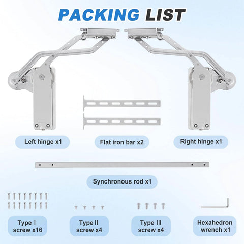Hydraulic Lift Cabinet Door Hinge With Vertical Up Motion For 19.69 To 31.49 Inch Cabinets components and accessories shown.