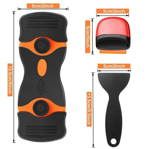 9 Piece Plastic Scraper Set With Razor Blade Scraper Plastic Pick Putty Knife And Thin Spudgers For Window And Floor Cleaning Label Removal And Paint Prep Non Scratch Tools For Delicate Surfaces showing black and red scrapers with dimensions.