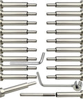 Hidden Stainless Cable Railing Kit With Turnbuckle For 4x4 Or 2x2 Wood And Metal Posts, showing multiple stainless fittings and tools