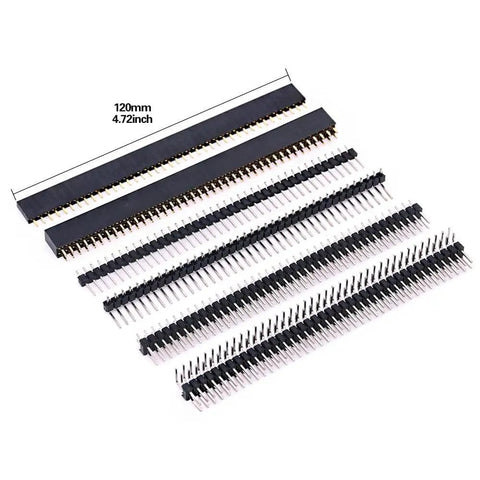 All In One 112Pcs 2.54mm Pin Header Kit For Arduino Prototyping showing various black headers arranged in rows, including sizes.