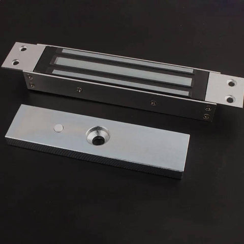 Flush Mount Magnetic Lock 350Lb 180Kg Beefy Holding Power for Access Control on a Single Door 12V Electromagnetic Lock Fail Safe Built In Surge Suppressor Steel Alloy, showing components on black background.