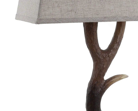 Rustic 29.5 Inch Antler Table Lamp With Brown Clear Faux Resin And Crystal Base Light Grey Linen Shade LED Bulb Included UL Listed For Cabin Decor That Elevates Cabin Living Vibe