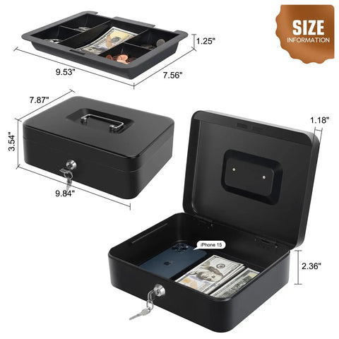 Sturdy Locking Cash Box With Pull Out Tray And Five Compartment Organizer Large Metal Safe Box For Cash Keys And Jewelry Black Sized 9.84 By 7.87 By 3.54 Inches.