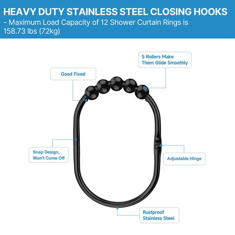 12 Pack Wide Shower Curtain Hooks, Rustproof Stainless Steel Heavy Duty Curtain Rings With Smooth Glide Rollers, product details