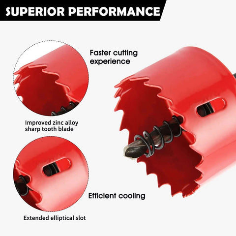 Close-up of a red dashap bi-metal hole saw with serrated teeth and center drill bit for metal and wood