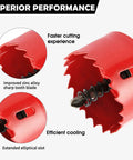 Close-up of red bi-metal hole saw from Bi Metal Hole Saw Kit 12 Piece Set With Drill Bits For Thin Metal And Wood Carbide Teeth