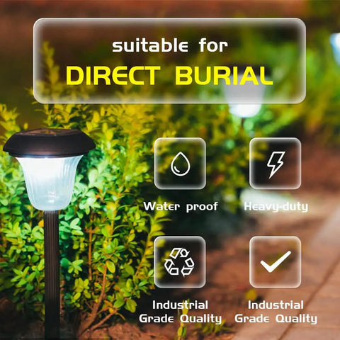 Image showing outdoor garden lighting with text 'suitable for direct burial' highlighting 12 AWG 2 conductor low voltage landscape wire for outdoor direct burial, 100 ft length, flexible copper cable for 30 volts or less lighting systems, weather resistant, durable direct burial cable for easy yard garden and pathway lighting.