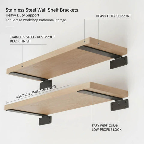 Heavy Duty Stainless Steel Wall Shelf Brackets for Garage, Workshop, and Bathroom Storage, 0.16 Inch Thick, mounted on wall