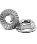 1/4-20 Serrated Flange Hex Lock Nuts 100 Pack 304 Stainless Steel Full Thread Bulletproof Fasteners for auto repair, close-up