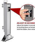 Ladder Leveler Pair for Extension Ladders with anti-slip steel feet and easy height adjustment demonstrated by hand.