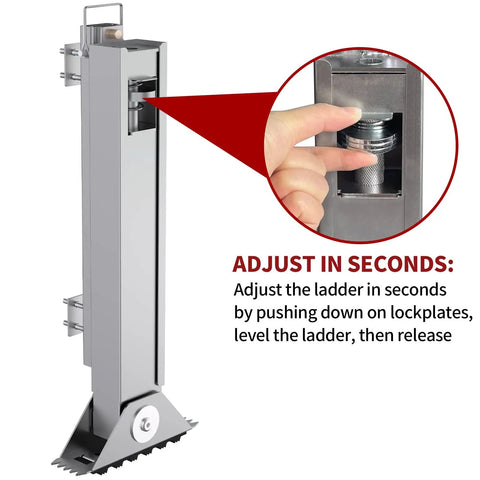 Ladder Leveler Pair for Extension Ladders with anti-slip steel feet and easy height adjustment demonstrated by hand.