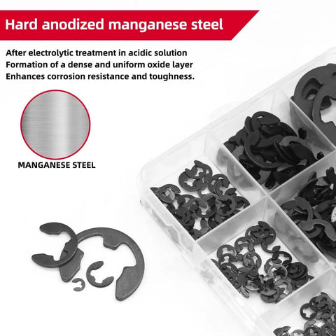 455 Piece E Clip Snap Ring Kit Set With External Retaining Rings in labeled box, high carbon steel, rust-resistant.