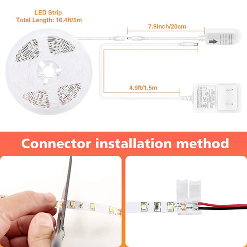 LED Strip Lights With Motion Sensor Remote And Adapter 16.4ft Warm White 3000K Dimmable Tape Lighting installation guide
