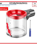 Upgrade Your Dyson V7, V8, SV10, Or SV11 With This High Capacity Replacement Dust Cup And Trash Can Container, clear container with red top.