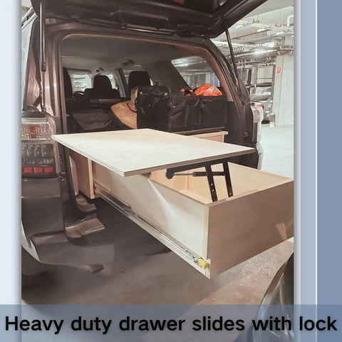 SUV with open trunk showing installed Beefy Heavy Duty Drawer Slides From 10 To 72 Inches With Lock 220kg Load Capacity.