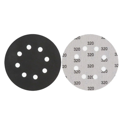 Get A-Grade Silicon Carbide Hook And Loop Sanding Discs With 8 Holes For Fast Wood And Metal Grinding, Includes 200 Pieces Of Durable 5-Inch Pads. Two 5-inch sanding discs with 8 holes, black and patterned grits.