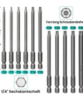 Torx Screwdriver Bit Set With Magnetic Quarter Inch Drive, 12 Pieces T6-T40 S2 Steel Hex Bits, 3 inch length, displayed vertically