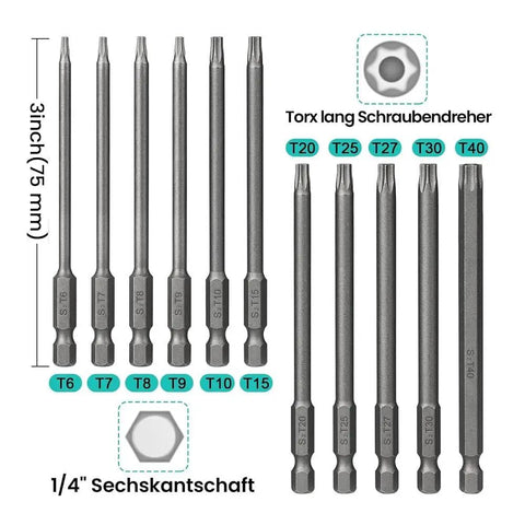 Torx Screwdriver Bit Set With Magnetic Quarter Inch Drive, 12 Pieces T6-T40 S2 Steel Hex Bits, 3 inch length, displayed vertically