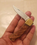 Hand holding Handmade Folding Pocket Knife With Rosewood Handle And Brass Bolsters, Lockback EDC For Camping, 2.2 Inch Blade