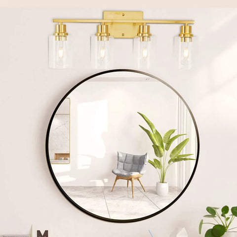 4 Light Gold Bathroom Vanity Light Fixture With Clear Glass Shades Brushed Brass Finish Modern Wall Sconce Over Round Mirror