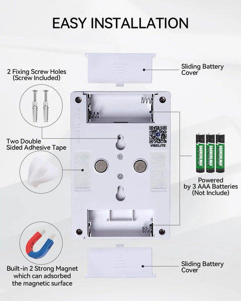 Back view of 4 Pack Battery Operated Tap Light With Dual COB LED Panels Per Switch showing installation parts and battery slots