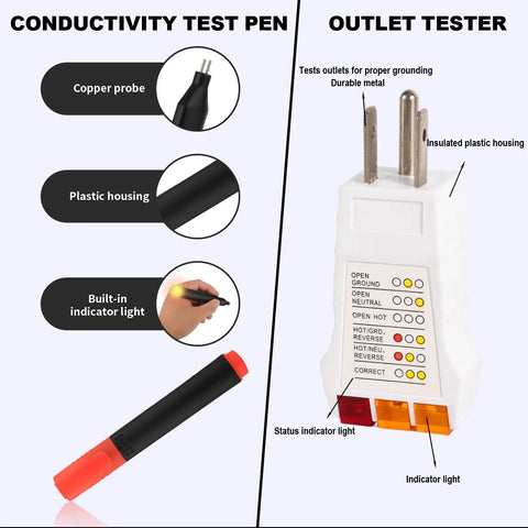 Grounding Tester Kit Conductivity Pen And Outlet Continuity Tester Electrical Grounding Gear with indicator lights and copper probe.