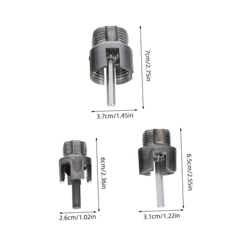 Veemoon 3 Piece Pvc Pipe Threader Set For Electric Drill showing various sizes and details of thread cutting tools in silver.