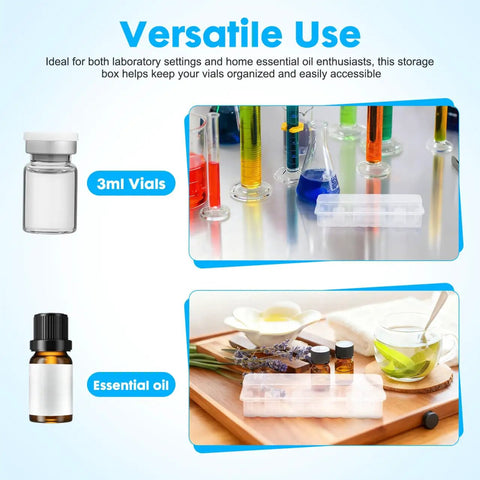Easy Grab And Go Vial Storage Box For 3ml Peptide And Essential Oil Test Tubes 24 Count Transparent Container For Home Lab Safe Storage And Organization displayed with vials and oils