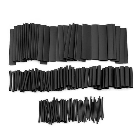 Get This Massive 127 Piece Black Heat Shrink Tubing Kit For Quick Wire Repair And Insulation. Black tubing sleeves assorted sizes laid out on white.