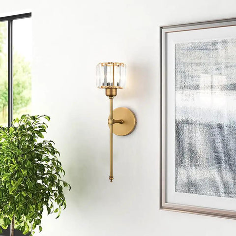 Brushed brass wall sconce with fabric shade for bedroom, gold finish, modern rustic ambience, hardwired vanity light