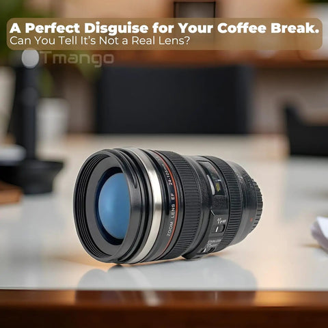 Camera Lens Coffee Mug With Clear Lid And Spoon, Lightweight Lens Cup Replica For Photographers on a desk, realistic lens design.