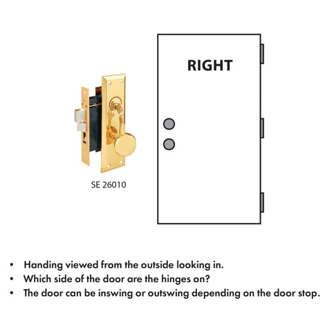 Brass Mortise Lock Set, Right Hand, Two And A Half Inch Backset, shown with door handing instructions and night latch