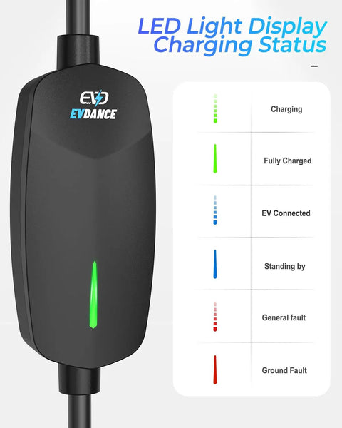 Level 2 EV Charger 32Amp with LED light display showing charging status in black, IP66 waterproof for home use