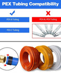 Image showing PEX tubing compatibility chart and coils of tubing for 10 Pack Drop Ear Elbow Fittings For PEX 1/2 In X 1/2 In NPT Female Threads.
