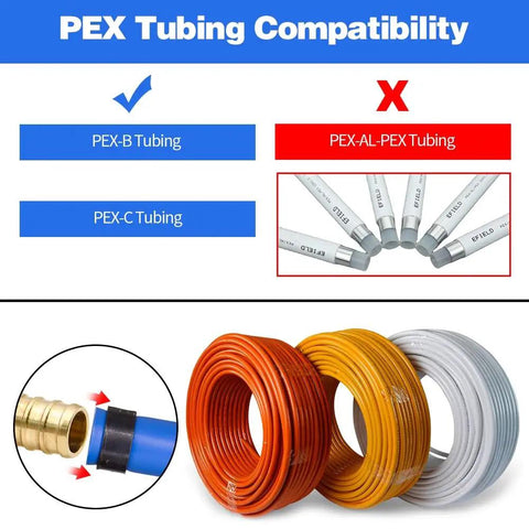 Image showing PEX tubing compatibility chart and coils of tubing for 10 Pack Drop Ear Elbow Fittings For PEX 1/2 In X 1/2 In NPT Female Threads.