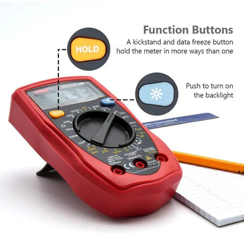Must Have Digital Multimeter For Home And Auto Use, AC DC Voltage Tester, Red MSR R500, angled view with function buttons visible