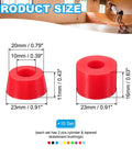 Skateboard Bushing Kit 10 Pack 90A PU Longboard Truck Bushing Rebuild Set in red with dimensions and skateboarder
