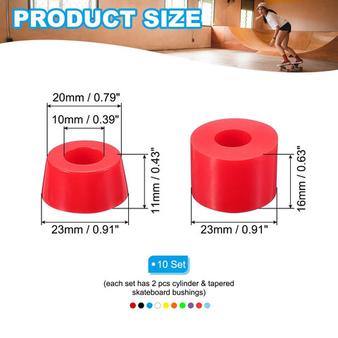 Skateboard Bushing Kit 10 Pack 90A PU Longboard Truck Bushing Rebuild Set in red with dimensions and skateboarder