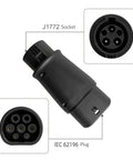 Hella Reliable EV Charger Adapter J1772 To Type 2 Socket IEC 62196 showcasing J1772 socket and IEC 62196 plug details.