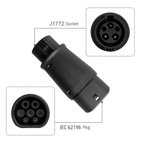 Hella Reliable EV Charger Adapter J1772 To Type 2 Socket IEC 62196 showcasing J1772 socket and IEC 62196 plug details.
