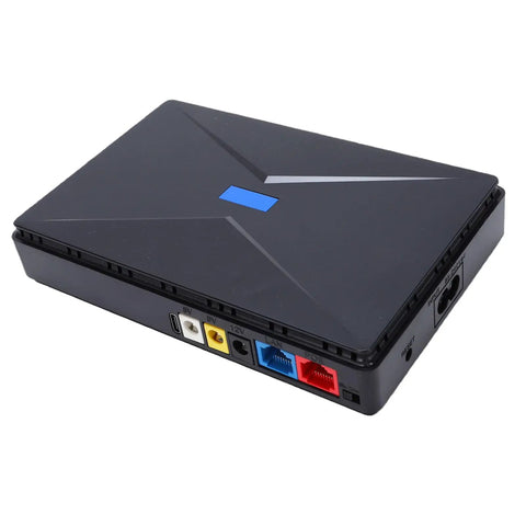 Rock Solid Mini UPS Battery Backup With 8800mAh Capacity showing USB and power ports for modem connectivity.