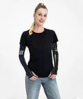 Woman wearing Cooling Arm Sleeves Feature American Flag Print And Next Level UV Sun Protection Crafted From Breezy Ice Silk.