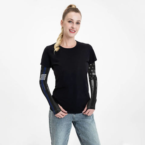 Woman wearing Cooling Arm Sleeves Feature American Flag Print And Next Level UV Sun Protection Crafted From Breezy Ice Silk.