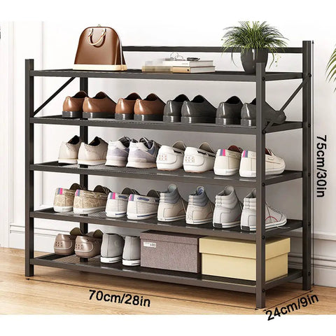 Heavy Duty 5 Tier Shoe Rack For Entryway And Closet with carbon steel frame, storing various shoe types neatly organized.