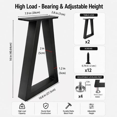 Diagram of 16 Inch Trapezoid Metal Table Legs Set Of 2 Beefy, Heavy Duty Black DIY Furniture Feet with measurements and components listed