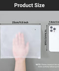 Hand showing size comparison with Frosted Zipper Bags For Clothes 25 Pack 9.8x7.8 Inch 3 Mil Heavy Duty Plastic Shirt Bags.