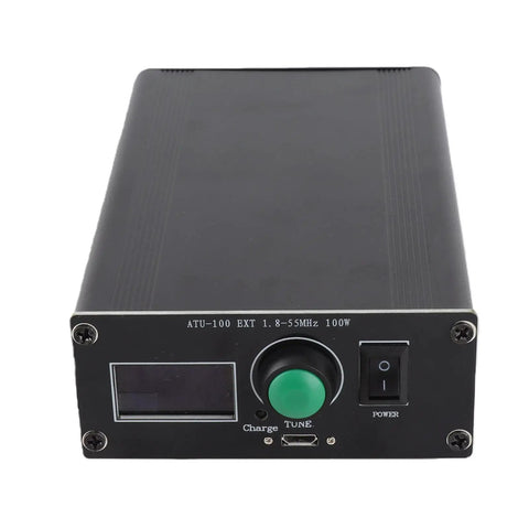 Front view of Compact Auto Tuner For Ham Radio 1.8 To 55 MHz with 0.96 Inch OLED Display, aluminum alloy housing.